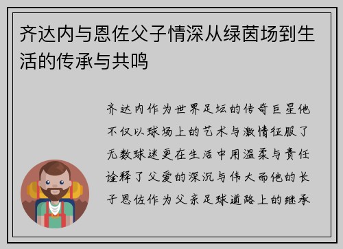 齐达内与恩佐父子情深从绿茵场到生活的传承与共鸣