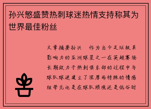 孙兴慜盛赞热刺球迷热情支持称其为世界最佳粉丝
