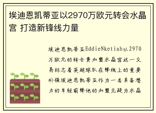 埃迪恩凯蒂亚以2970万欧元转会水晶宫 打造新锋线力量