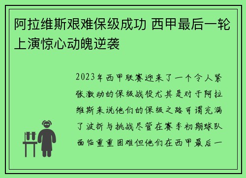 阿拉维斯艰难保级成功 西甲最后一轮上演惊心动魄逆袭